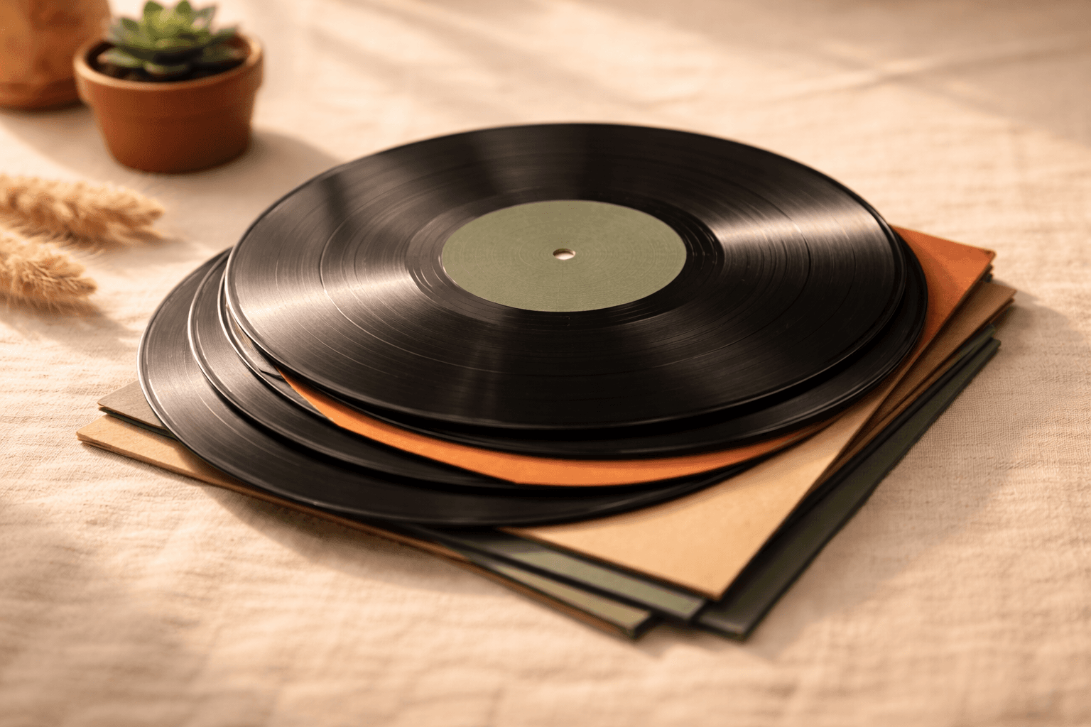 Stack of vinyl records on linen surface with warm golden sunlight