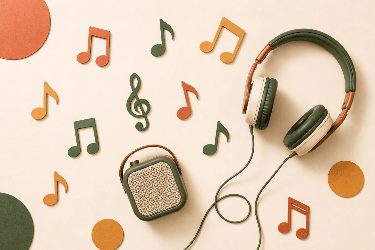 Colourful flat lay of music notes, small speaker and headphones on cream background
