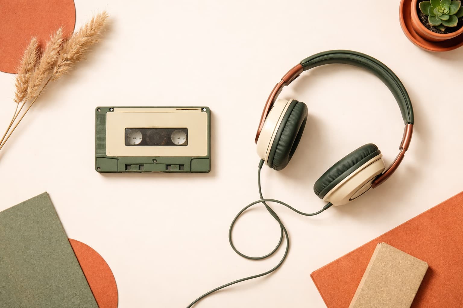 Retro cassette tape and headphones flat lay on cream background with terracotta and forest green accents