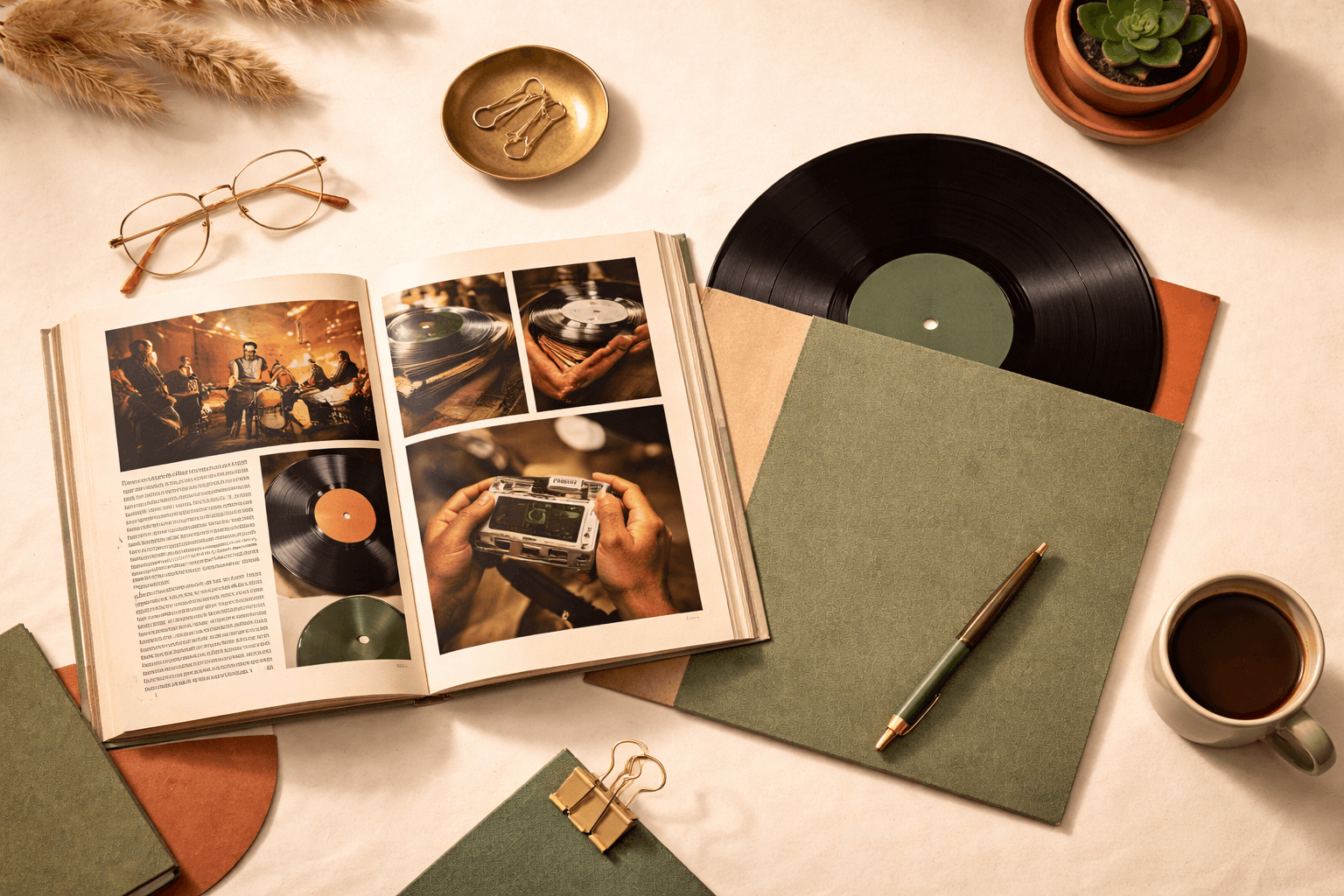 Open vintage music magazine and vinyl record on cream desk, warm flat lay with forest green and gold accents